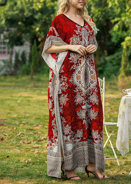 Red Maxi Dress V Neck Print Summer