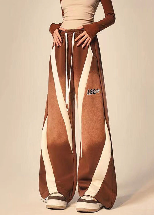 Brown Pockets Patchwork Elastic Waist Warm Fleece Wide Leg Pants Spring