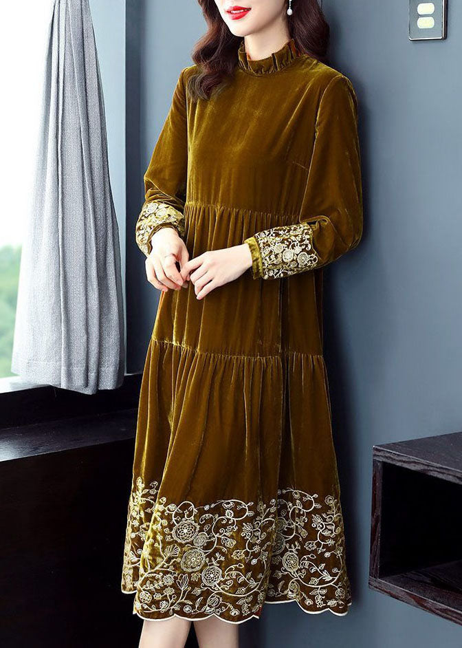 Yellow Ruffled Patchwork Print Velour Dress Spring