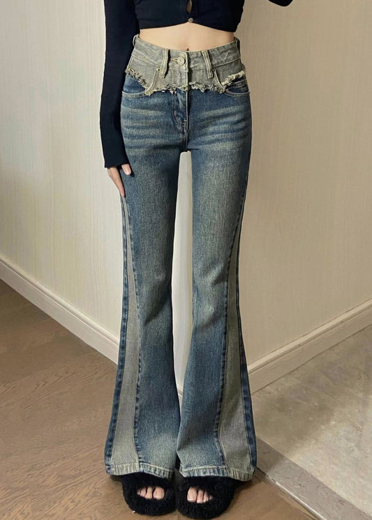 Blue Pockets High Waist Denim Pants Spring