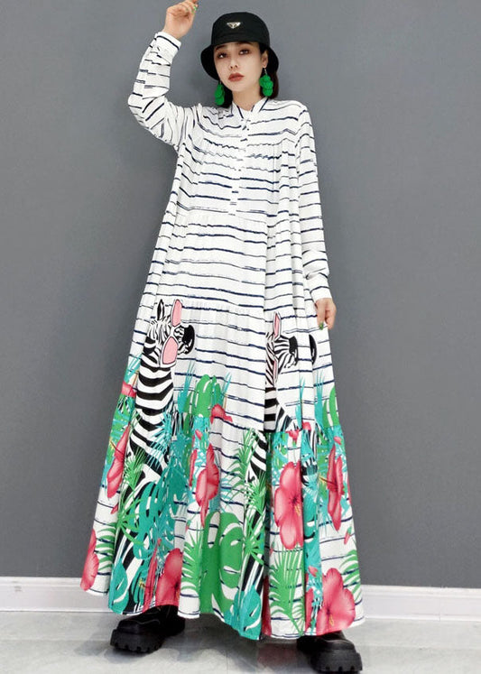 White Stand Collar Striped Print Cotton Party Long Dress Long Sleeve