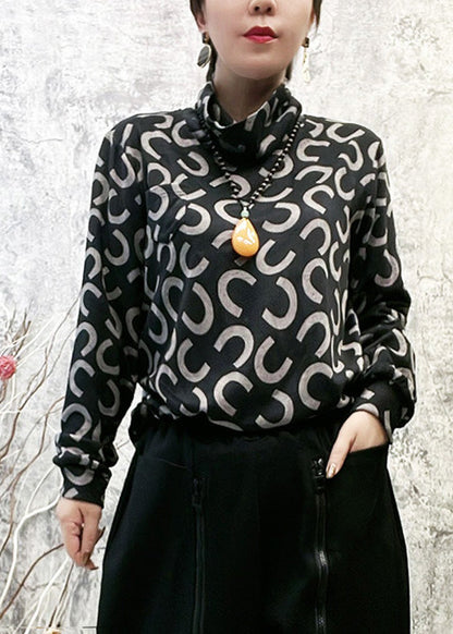 Italian Black Turtleneck Print Tops Long Sleeve