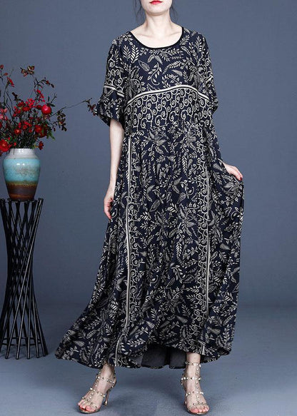 Black O-neck Summer Silk Blended Maxi Dresses