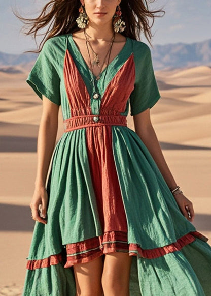 Green Asymmetrical Patchwork Cotton Vacation Dresses Summer