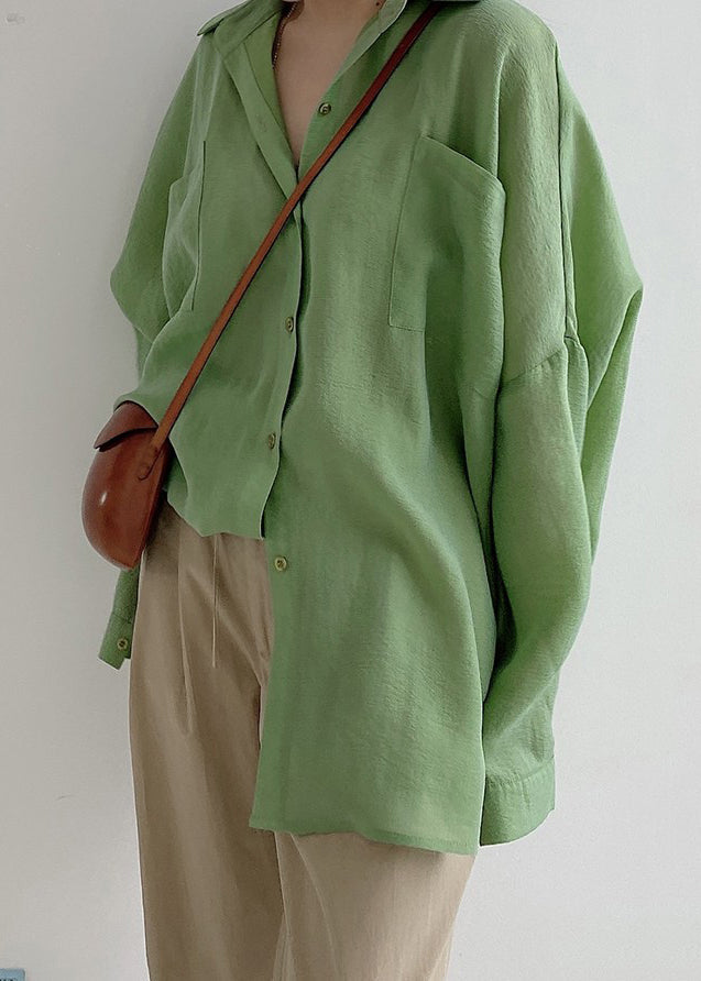 Green Button Pockets Cotton Blouses Fall
