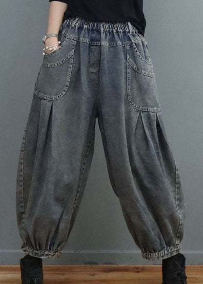 Blue Elastic Waist Pockets Denim Pants Spring