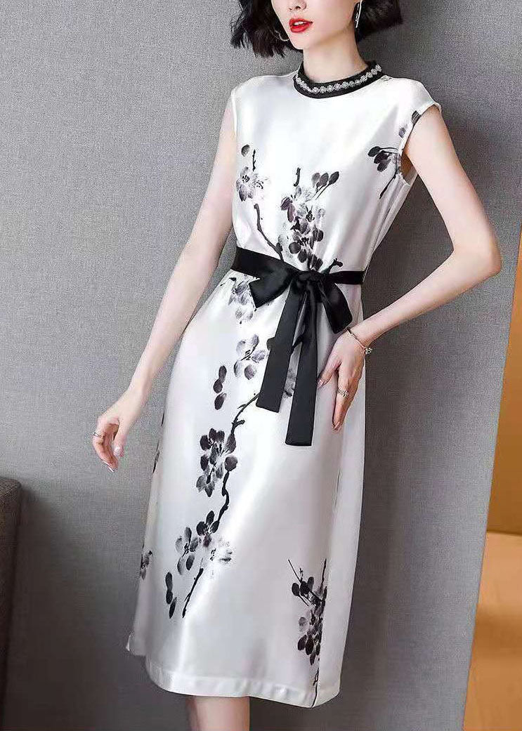 White Cinched Ink Print Silk Dresses Sleeveless