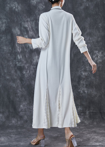 French White Stand Collar Patchwork Lace Knit Ankle Dress Spring