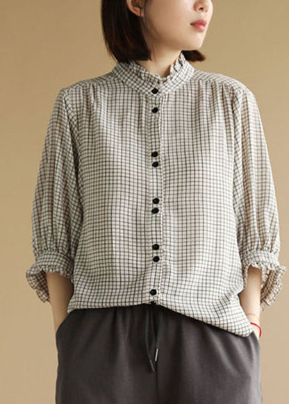 Black White Plaid Ruffled Button Shirt Top Bracelet Sleeve