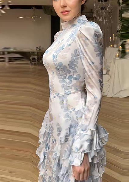 White Print Ruffles Chiffon Long Dresses Spring