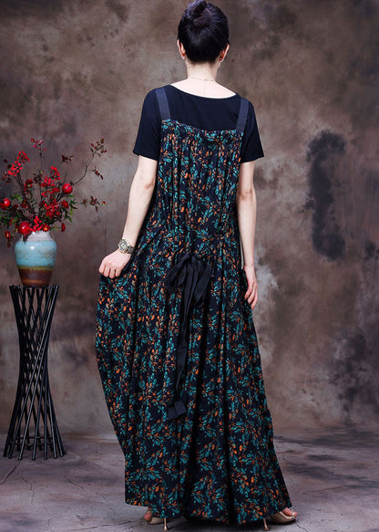 Green Print Pockets Cotton Strap Dress and Tanks Two Pieces Set Summer