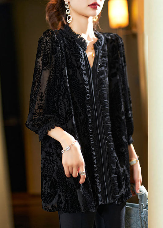 French Black V Neck Velour Tops Long Sleeve