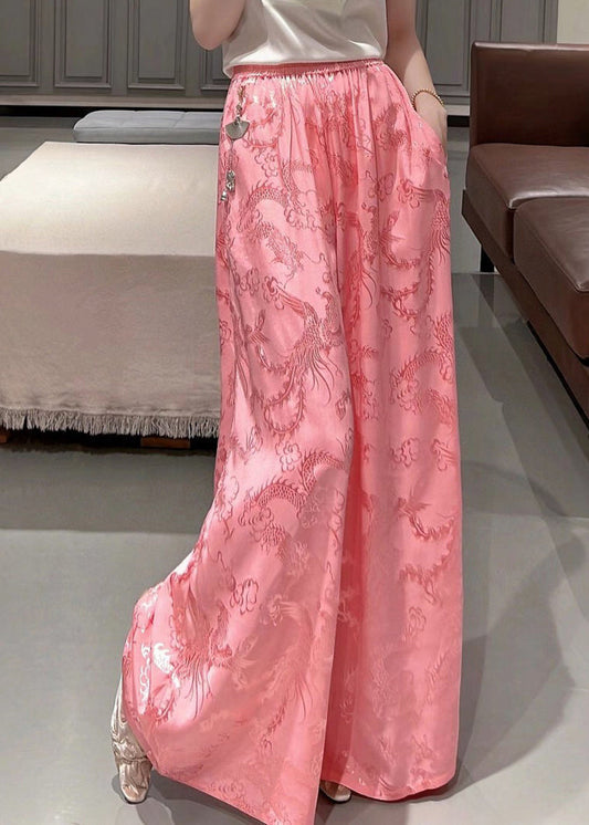 Pink Pockets Jacquard Silk High Waist Wide Leg Pants Fall