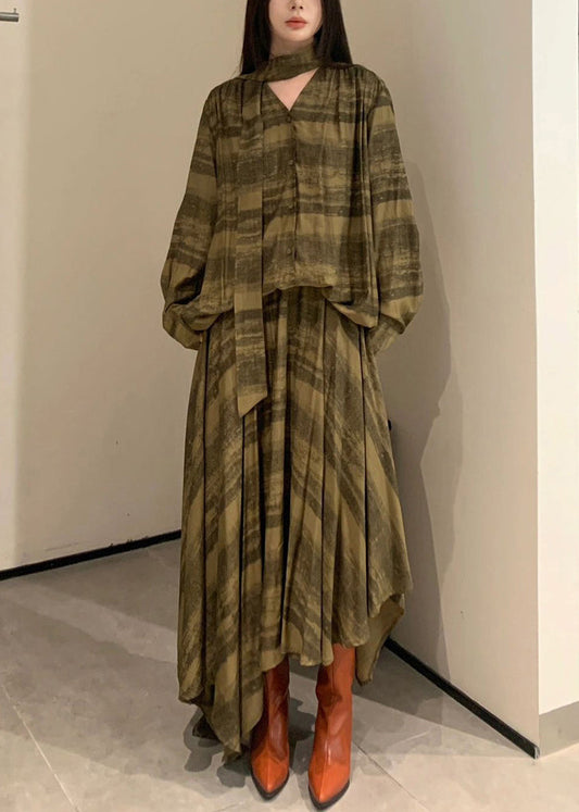 Green Plaid Asymmetrical Cotton Two Pieces Set Spring