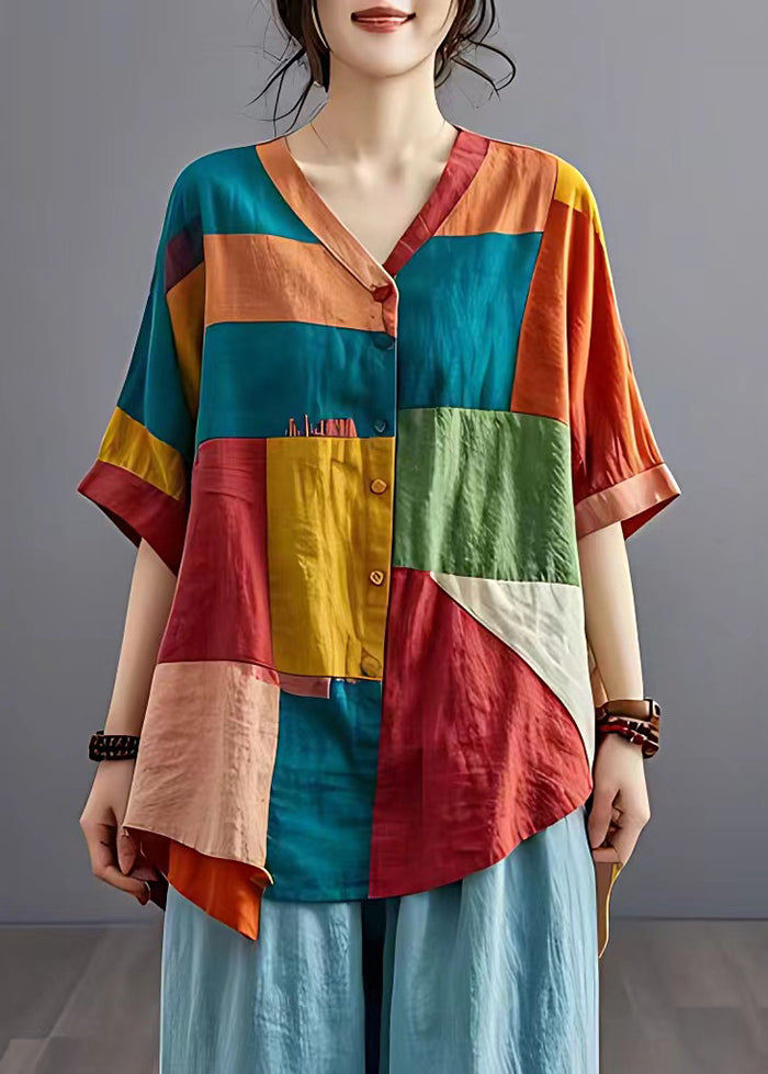 Colorblock Asymmetrical Patchwork Applique Linen Shirt Top Summer
