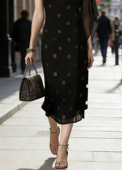 Black O Neck Dot Print Ruffled Silk Dress Summer