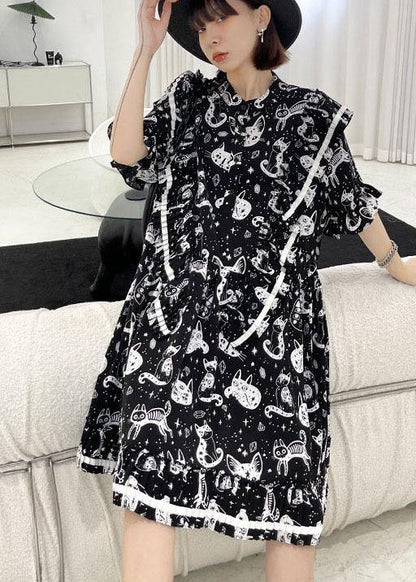 Black Print Asymmetric Short Sleeve Dress