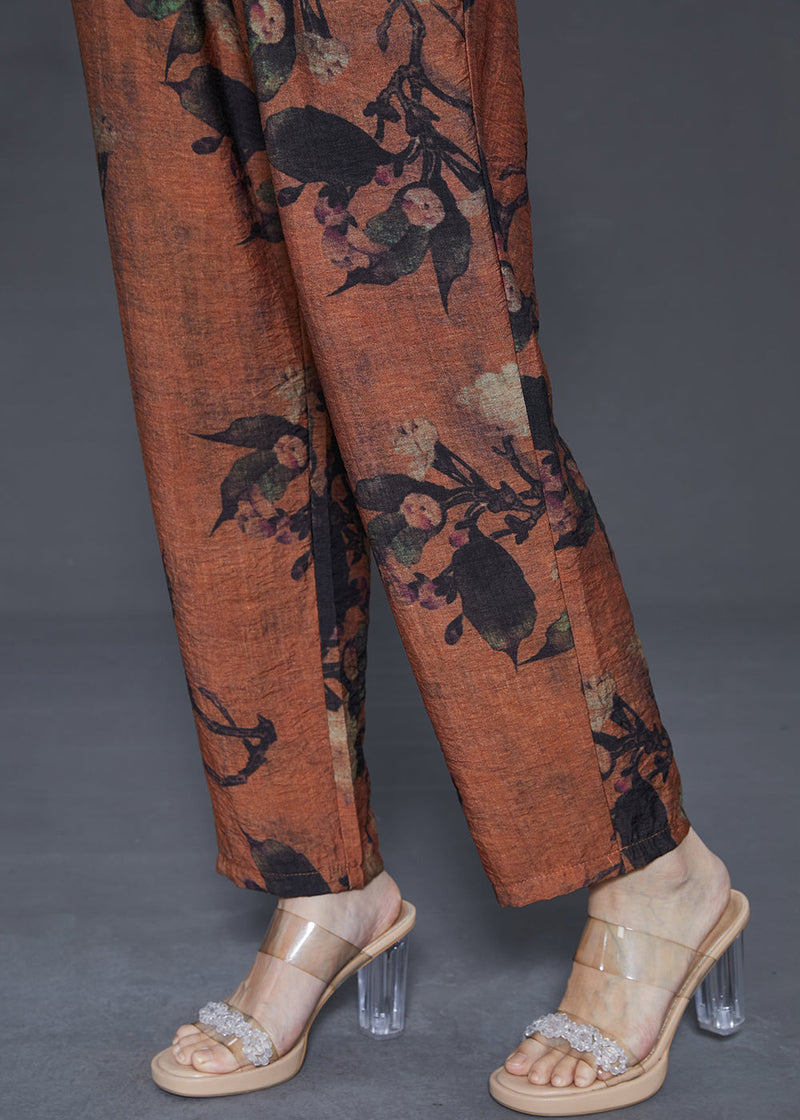 Handmade Orange Oversized Print Linen Pants Summer