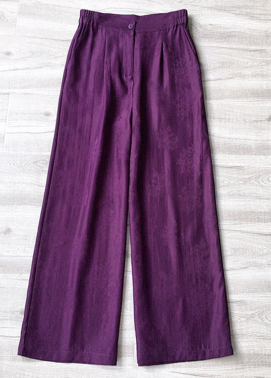 Purple Elastic Waist Pockets Jacquard Silk Wide Leg Pants Summer