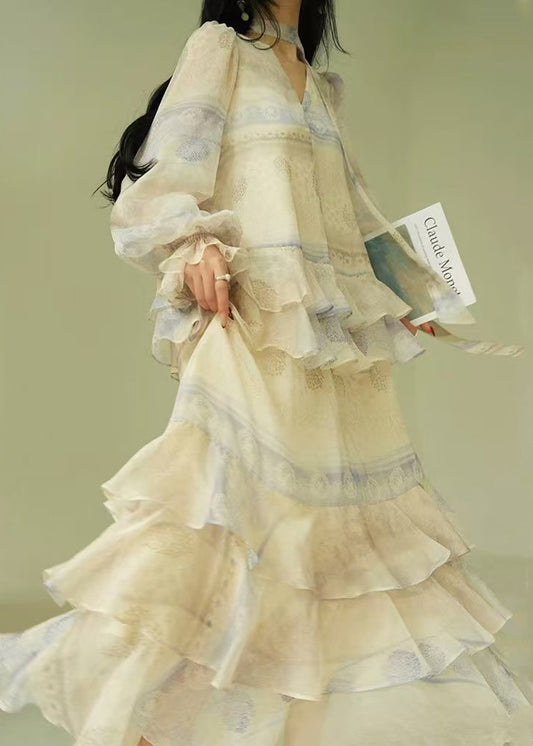 V Neck Print Tie Waist Cotton Party Dress Butterfly Sleeve
