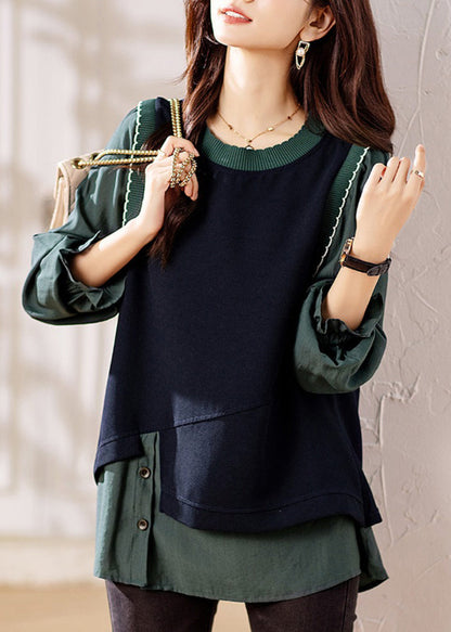 Green Ruffled Knit Patchwork False Two Pieces Top Fall