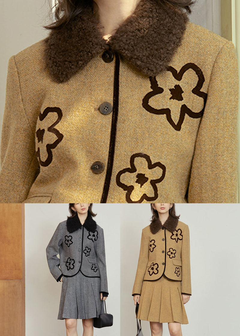 Organic Grey Button Woolen Coat and Skirts Two Pieces Set Fall