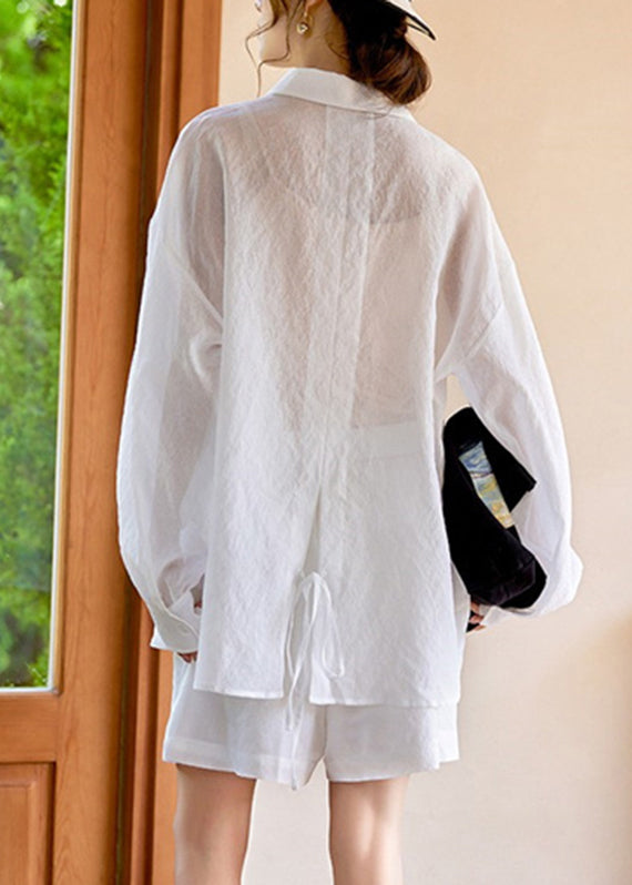 Simple White Pockets Shirts and Shorts Two Piece Suit Set Long Sleeve Spring