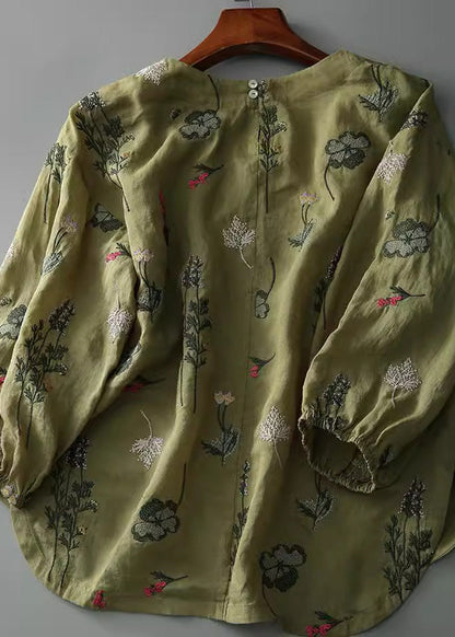 New Green O-neck Embroidered Cotton Shirts Bracelet Sleeve
