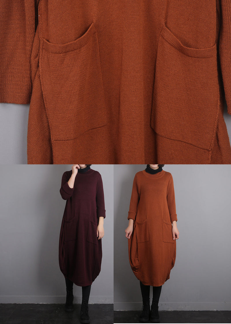 Orange O-neck Knit Cotton Thread Sweater Dress Fall