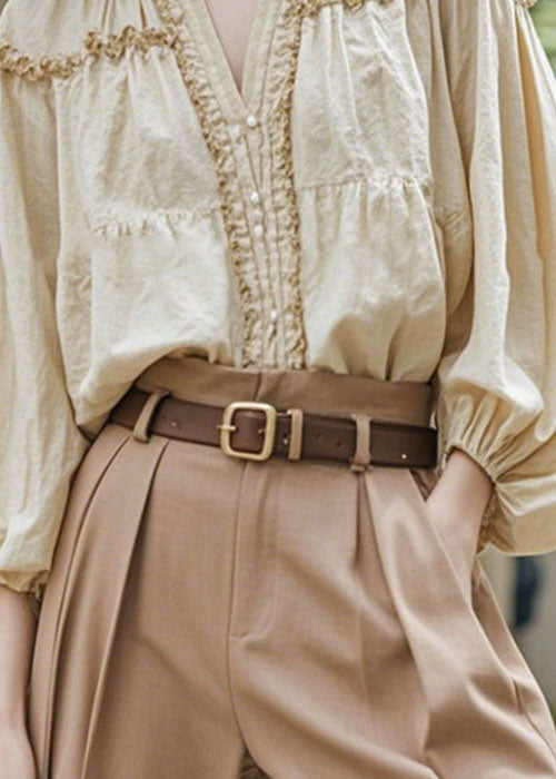 Apricot V Neck Ruffled Patchwork Cotton Shirt Fall