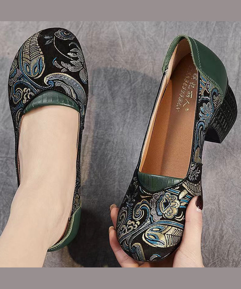 New Retro Green Embossed Chunky Heels