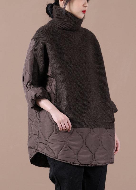 Chocolate Knitted High Neck Combed Rhombic Plaid Cotton Sweater