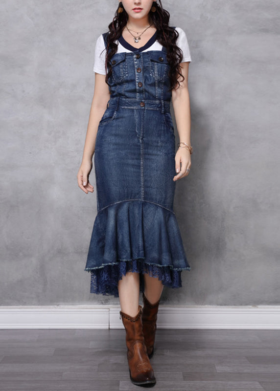 Slim Fit Navy Slash Neck Patchwork Spaghetti Strap Denim Fishtail Dress Summer