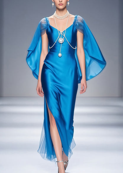 Blue Cloak Patchwork Side Open Silk Dinner Dresses Summer