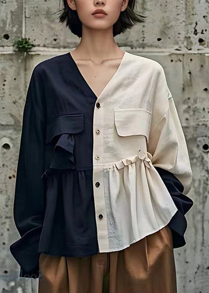 Navy Patchwork Wrinkled Button Top Long Sleeve