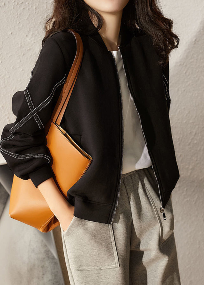 Black O-neck Patchwork Zippered Jackets Long Sleeve