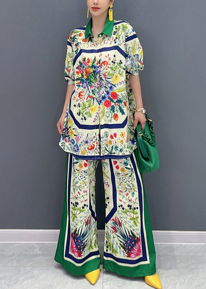 French Green Print Tops and Wide Leg Pants Cotton Two Pieces Set Summer
