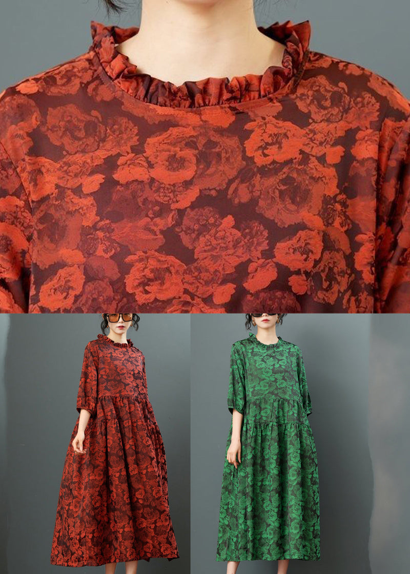 Green O-neck Print Drawstring Maxi Dress Half Sleeve