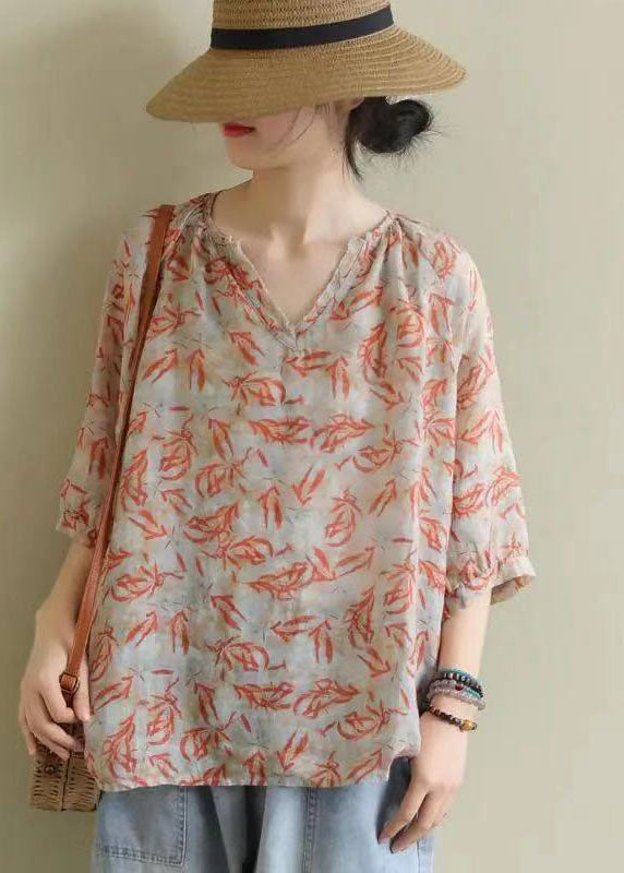 V Neck Print Loose Fall Shirt Half Sleeve