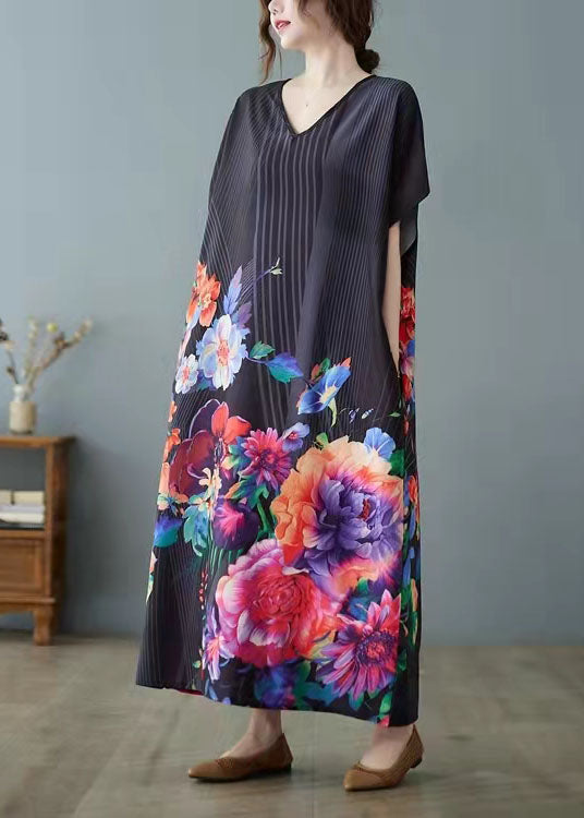 Black Print Asymmetrical Design Patchwork Silk Ankle Dress Summer