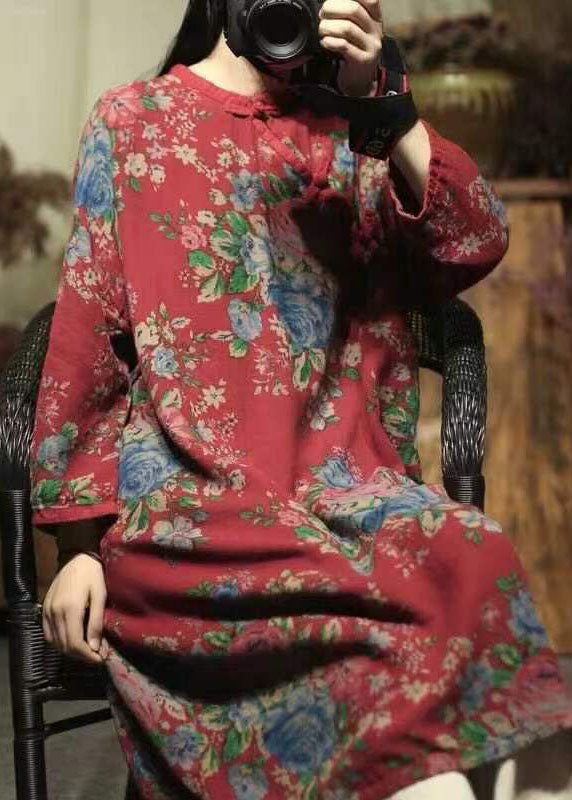 Oriental Red O-neck Print Linen Mid Dresses Spring