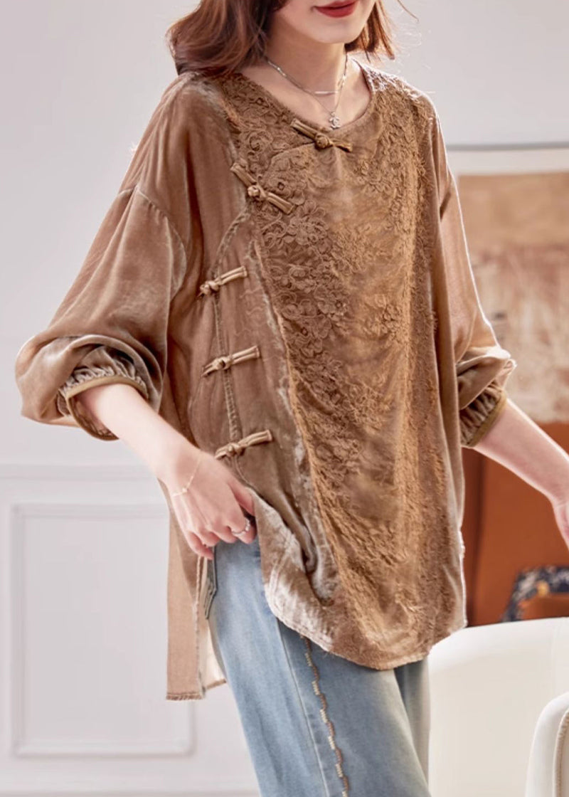 Coffee Lace Patchwork Side Open Silk Velour Shirt Spring