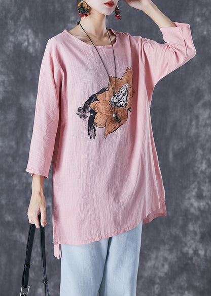 Pink Asymmetrical Print Linen Blouse Tops Fall