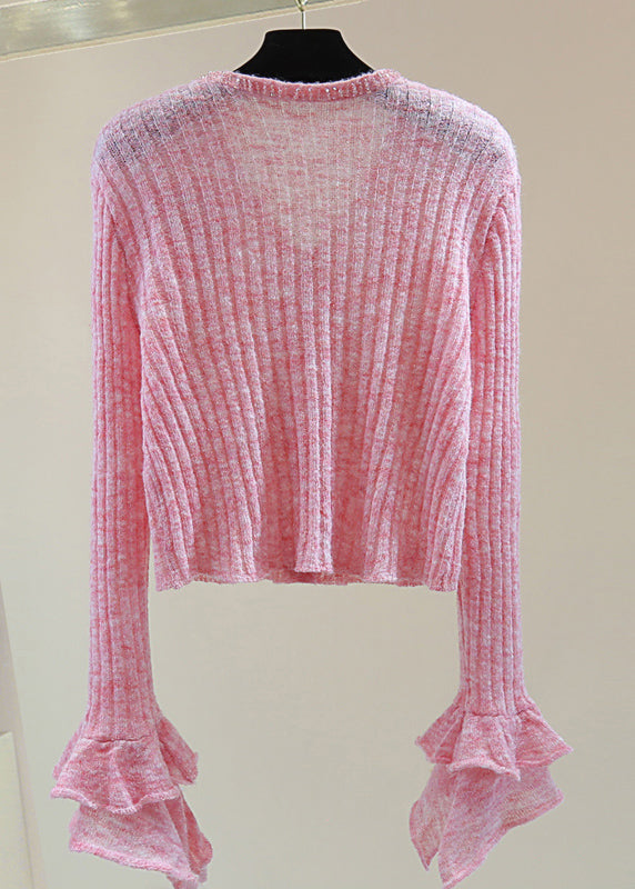 Novelty Pink Ruffled Nail Bead Cotton Knit Sweater Spring