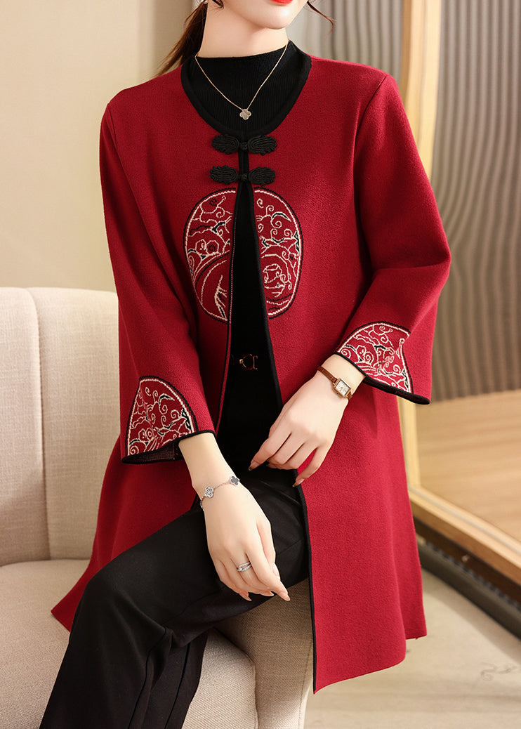 French Mulberry O-neck Print Long Woolen Cardigans Fall