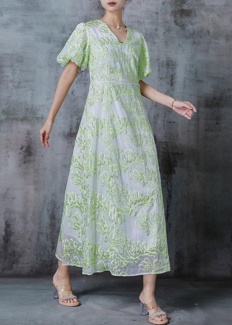 Green Embroidered Organza Robe Dresses Puff Sleeve
