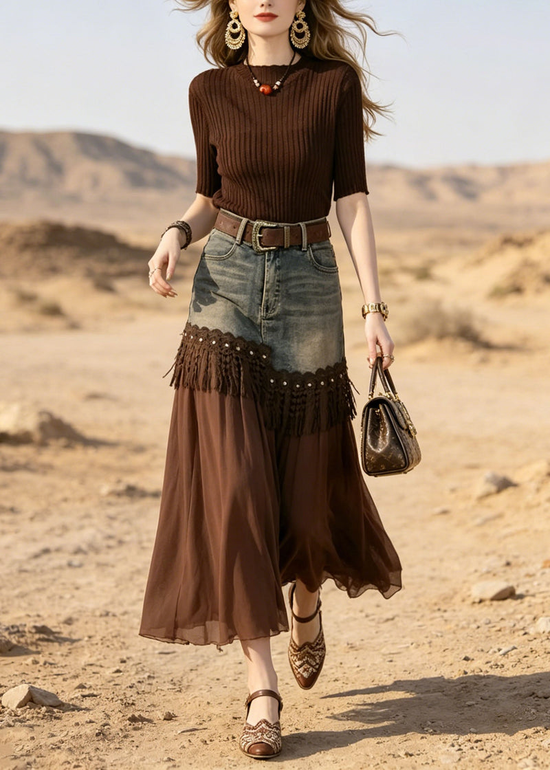 Coffee Ice Silk Knit Top and Lace Tassel Skirts Two Pieces Set Summer