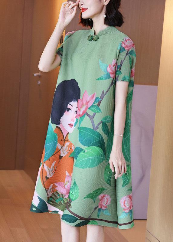 Italian Green Print Oriental Half Sleeve Party Dress Summer