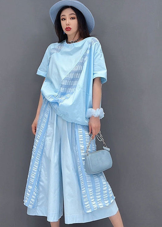Art Blue O-neck Patchwork Wrinkled Tops and Wide Leg Pants 2 Piece Outfit Summer