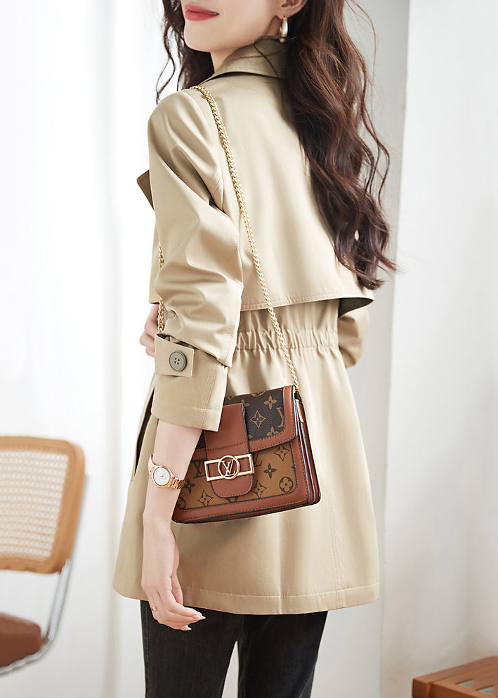 Khaki Double Breast Pockets Patchwork Cotton Trench Coats Fall
